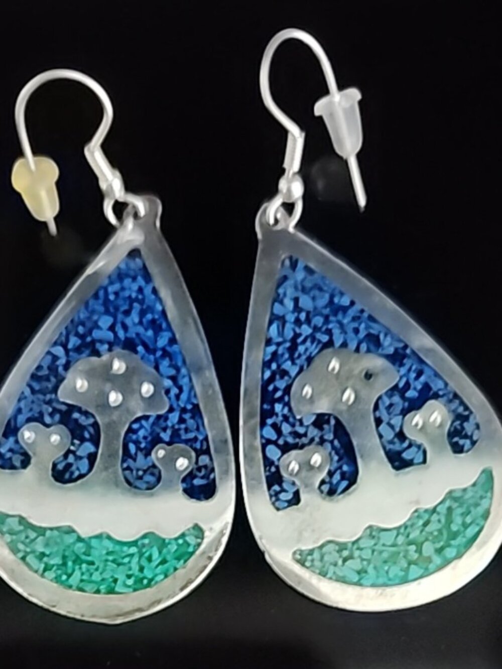 Alpaca Lapis & Malachite Inlaid Tree Design Earrings 1 3/4"